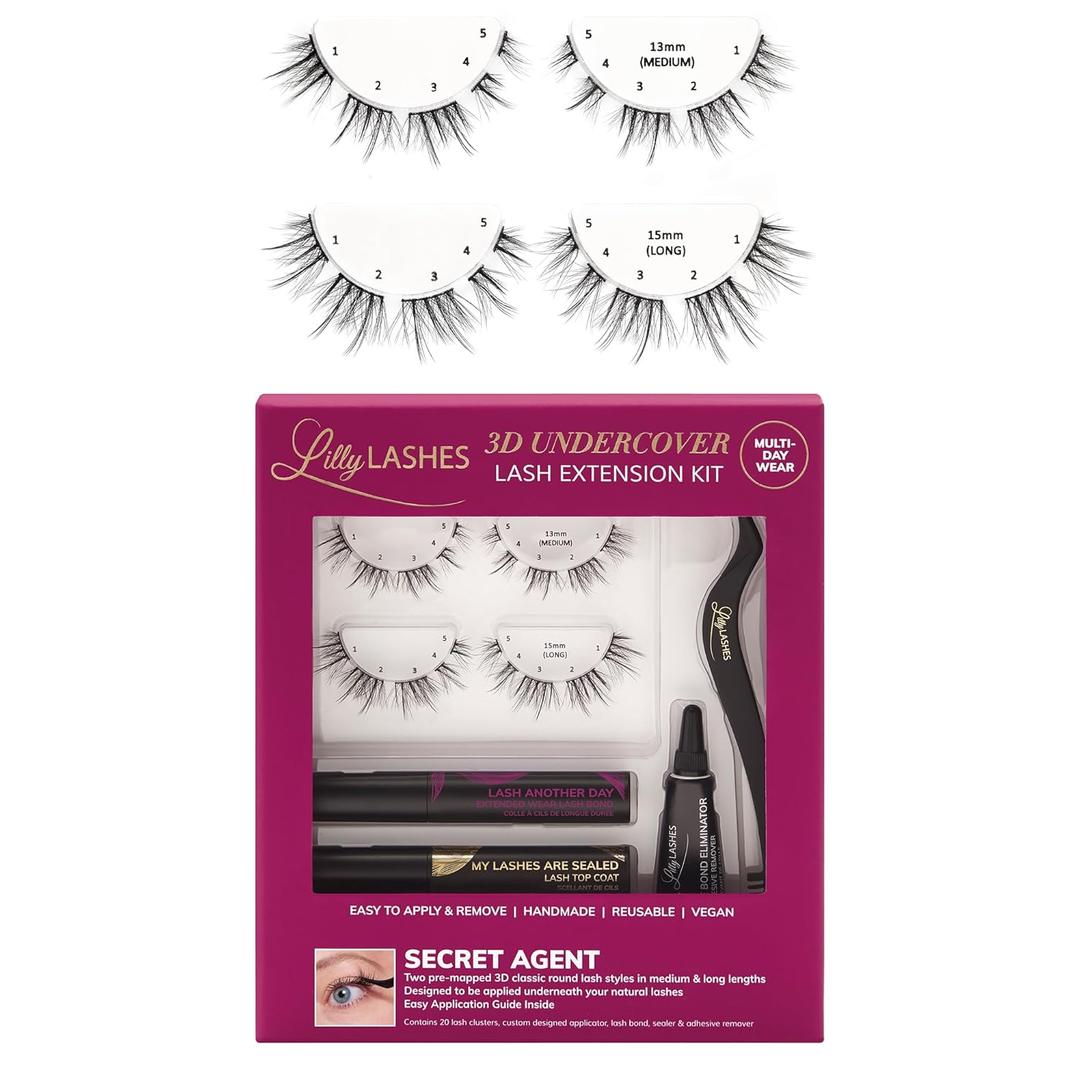 Lilly Lashes 3D Undercover Kit, DIY Lash Extension Kit in Secret Agent, At Home Eyelash Extension Kit Includes Lash Clusters + Lash Bond and Seal + Lash Applicator Tool, Classic Lengthening Style