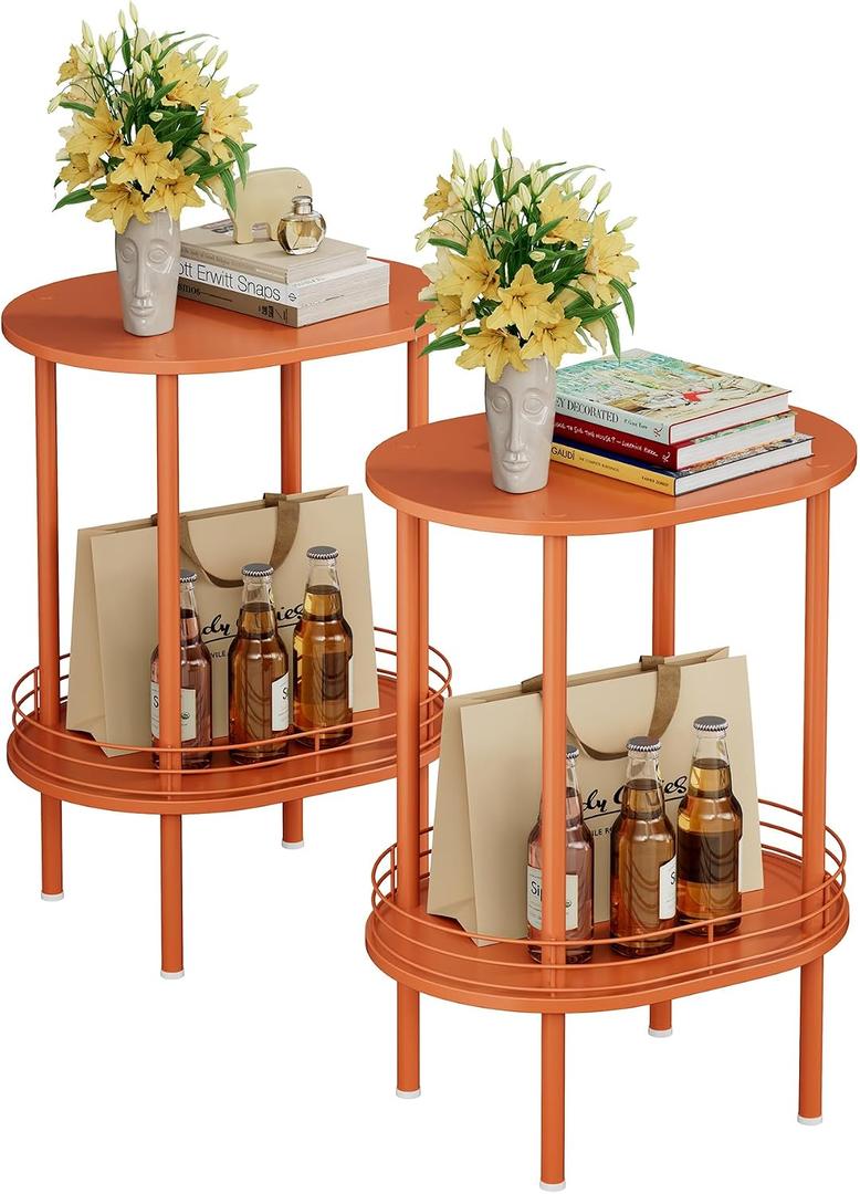 Small Modern Round Side Table Set of 2,2-Tier Side Tables Living Room,Sturdy Nightstand for Small Space - Living Room, Bedroom, Bathroom, Nursery,2 PC,Orange