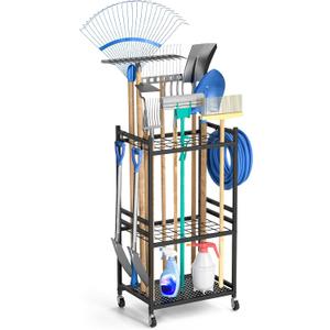 DAOUTIME Garden Organizer With Wheels, Yard Tower Rack for Garage Storage, Up to 35 LongHandled Tools, Sturdy Metal Steel Holder With 3 Hooks, Outdoor, Black