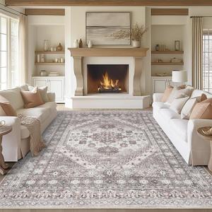 zesthome 8x10 Area Rugs for Living Room,Non-Slip Backing Washable Rugs,Vintage Large Area RugStain Resistant Home Decor Rug (Beige/Brown,8'x10')