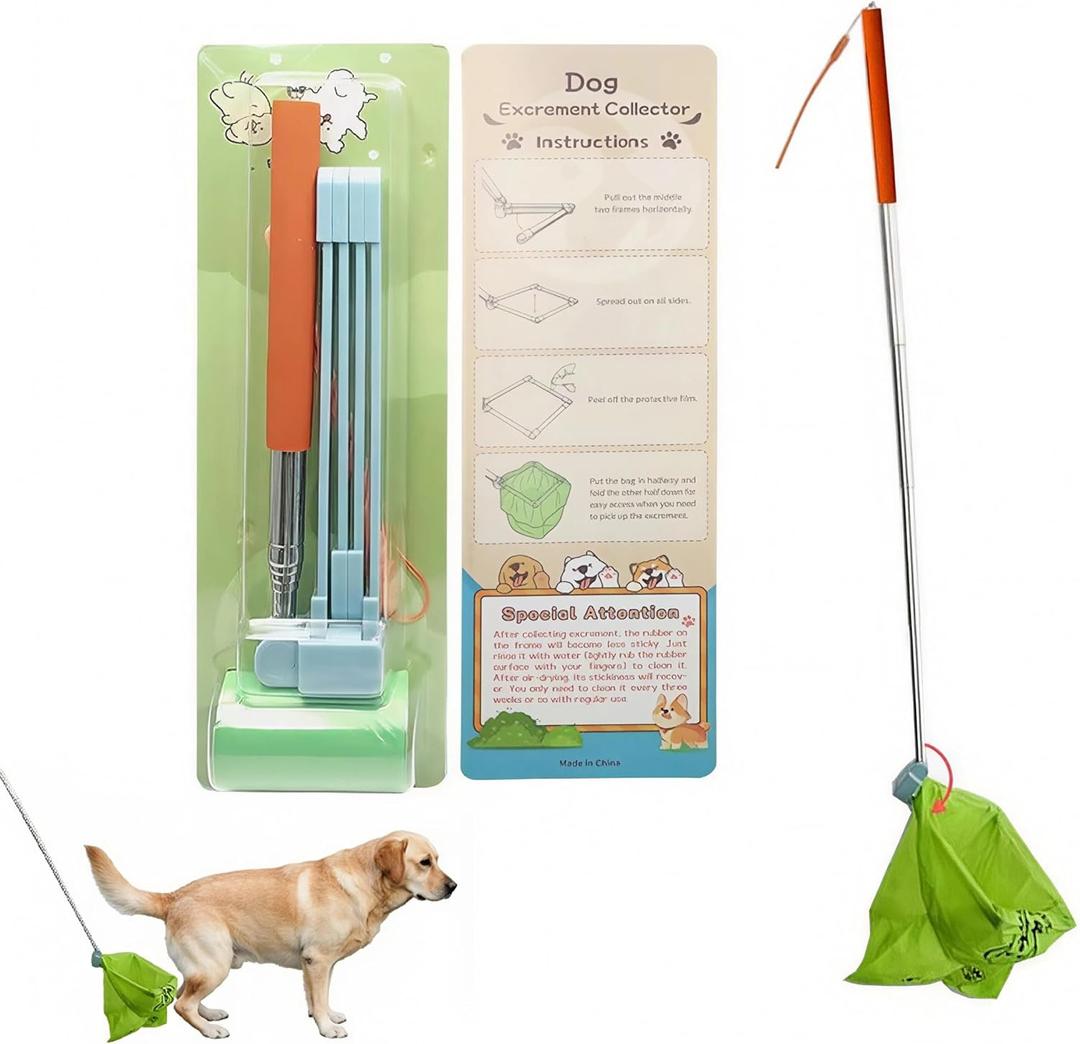 Dog Poop Catcher, Portable and Foldable Dog Poop Cleaning Tool, Pooper Scooper, Stainless Steel Telescopic Rod, Washable Sticky Soft Rubber Frame, Suitable for Dogs of All Body Types