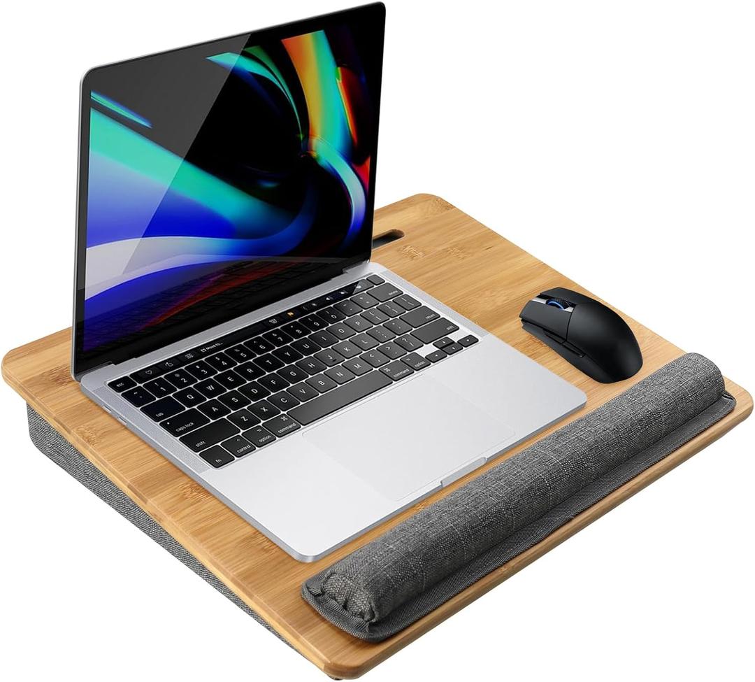 CNQLIS Lap Desk for Laptop with Cushion, Laptop Lap Desk with Phone Holder, Wrist Pad, Portable Bamboo Laptop Stand Fits up to 15.6 inch Laptops, Use Scene Bed, Indoor Sofa and Car