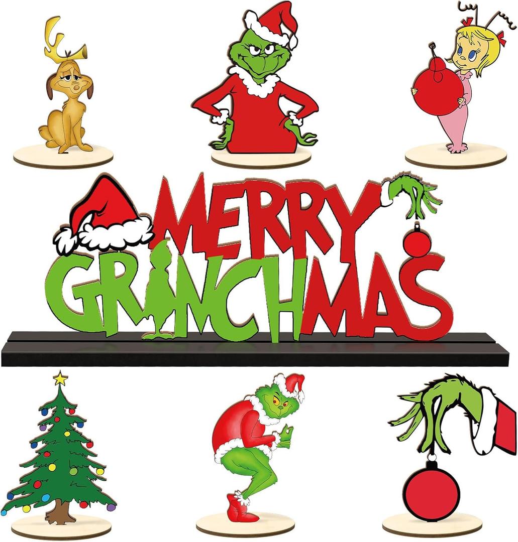 7 Pieces Christmas Table Decorations Signs Christmas Wooden Centerpiece Signs Merry Christmas Table Sign Xmas Theme Wooden Table Toppers for Christmas Holidays Party Supplies (Green Christmas -1)