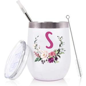 PFL Wedding Gifts for Maid of Honor From Bride -Bachelorette Party Gifts-Bridal Shower Bridesmaids Best Friends Sister -12oz Women Monogrammed Wine Tumbler Coffee Mug Cup Glass -Initial Letter S