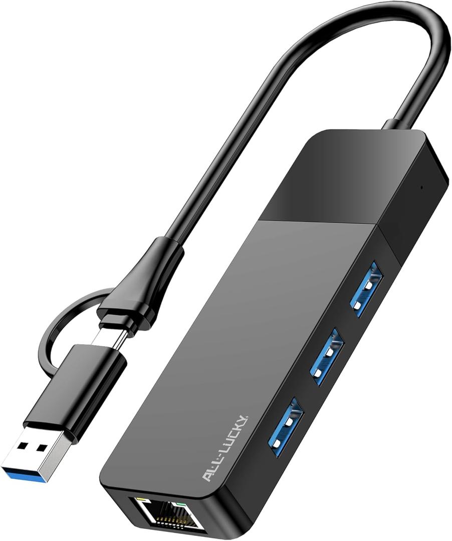 ALL-LUCKY USB to Ethernet Adapter, 4 in 1 USB C to Ethernet Adapter Hub with 3 x USB 3.0 Port/Gigabit Internet Port, High-Speed Network Hub Compatible for iMac,MacBook ProiPad ProXPS