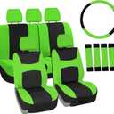 Automotive Seat Covers Green Universal Fit Combo Set with Steering Wheel Cover and Seat Belt Pad fits most Cars, SUVs, and Trucks (Airbag Compatible and Split Bench) FH Group FB030GREEN-COMBO