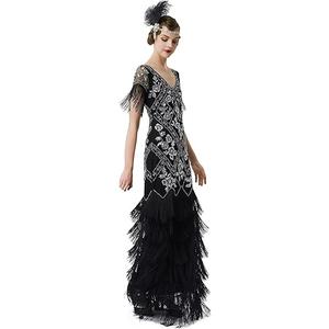 BABEYOND Women's Flapper Dress 1920s V-Neck Evening Gown Sequin Beaded Maxi Dress for Wedding Black Silver, Size: S