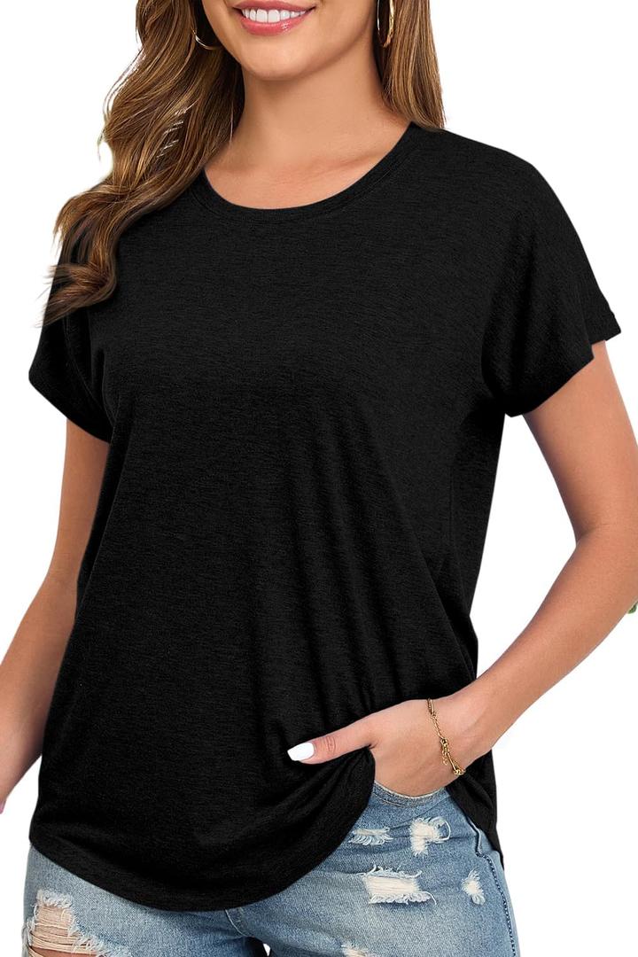 Womens Summer Short Sleeve Tops High Low Loose Casual Basic T-Shirt (L)