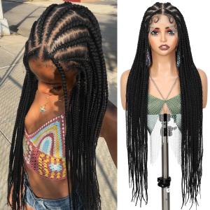 WIGER HD Full Lace Braided Wigs Handmade Long Braid Wig for Black Women Natural Black Cornrow Braided Wig 30 Inch Lace Front Knotless Box Braid Wigs With Pre Plucked Baby Hair