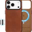 SHIELDON Genuine Leather Case for iPhone 17 Pro 6.3" 2025, [Camera Button Updated], Compatible with Magsafe, Magnetic Wireless Charging, Anti-Scratch, Shockproof Protective Cover - Retro Brown