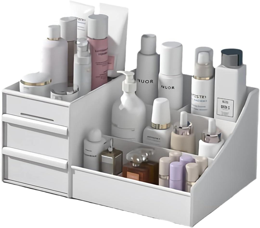 Makeup Desk Organizer with Drawers - Countertop Organizer for Cosmetics, Vanity Holder for Lipstick, Brushes, Lotions, Eyeshadow, Nail Polish and Jewelry (White)