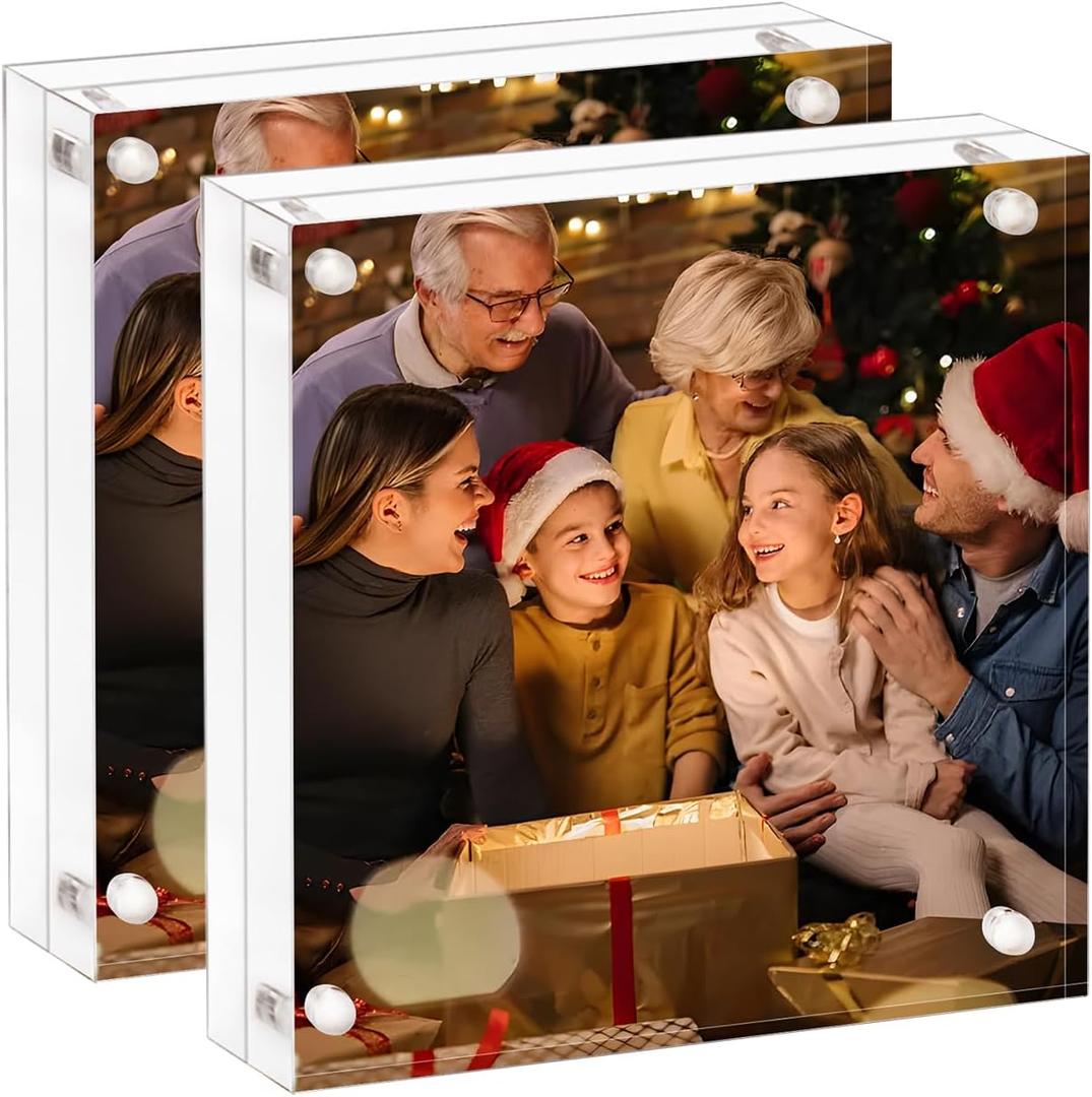 AMEITECH Acrylic Picture Frame 6x6-2 Pack, Clear Double Sided Frameless Photo Frame with Magnetic, Free Standing Desktop Acrylic Frame Display, Lucite Frame with Gift Box Package