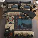 Queen Size Comforter Set with 2 Pillowcases & 2 Shams, Deer Bear Animal Bedding for Kids and Adults, Black White Abstract Bed in a Bag with Flat Fitted Sheet
