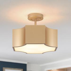 Modern Gold 3-Light Ceiling Light Fixture, Metal Industrial Semi Flush Mount Close to Ceiling Light, Farmhouse Light Fixtures Ceiling Mount, Geometry Chandelier for Kitchen, Dining Room, Hallway