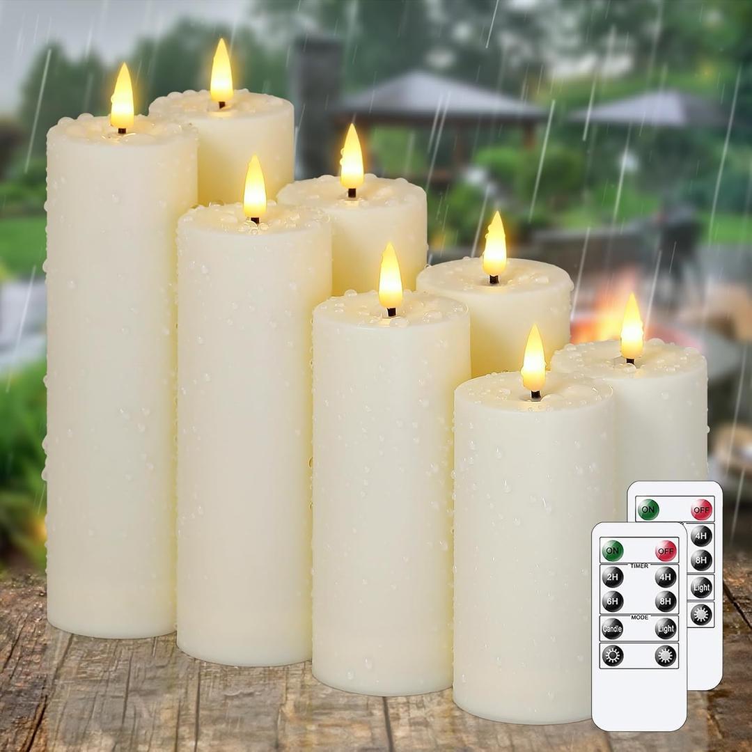 8pcs Waterproof Plastic Flameless 2.2" x4" 4" 5" 5" 6" 6" 7" 7" Flickering Ivory Candles with Remote and Timer, Outdoor LED Battery Operated Warm Light Long Lasting 600 Hrs