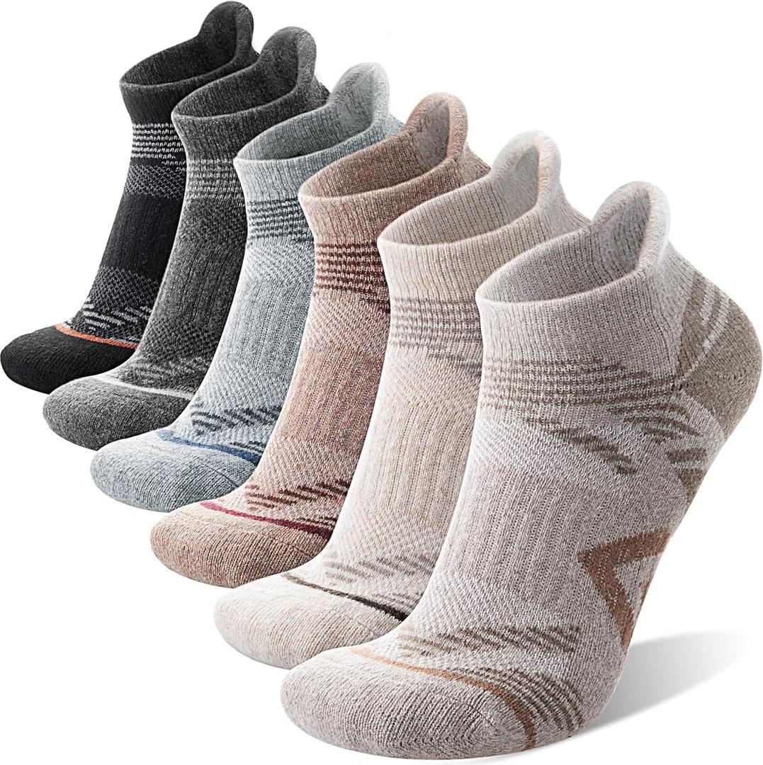 ANTSANG 6 Pairs Merino Wool Ankle Hiking Running Socks Compression Thick Cushion Breathable No Show Socks for Men Women (Medium, Brown/Grey/Black)