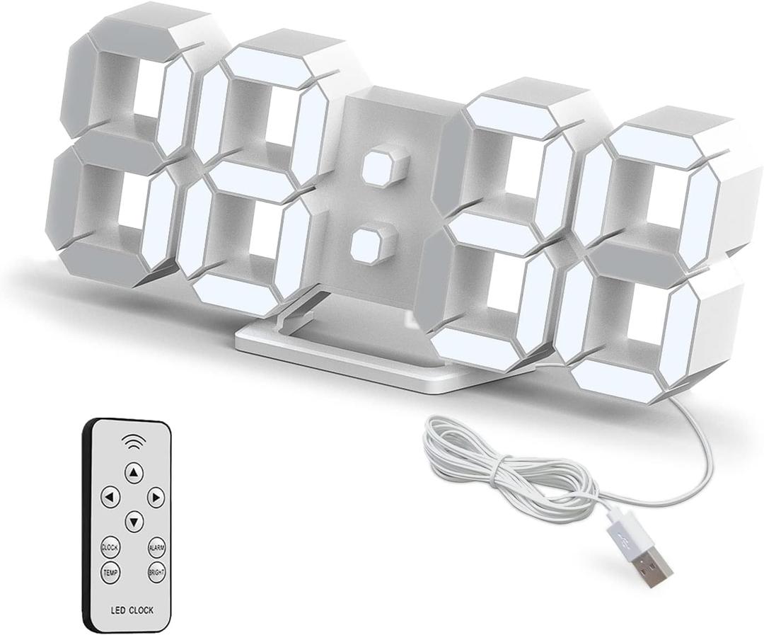 Deeyaple LED Clock, 3D Digital Wall & Desk Alarm Clock with Snooze, Dimmable Display, Time Memory, 12/24H Date & Temperature, Remote Control Night Light for Bedroom, Office, Kitchen, Home (White)