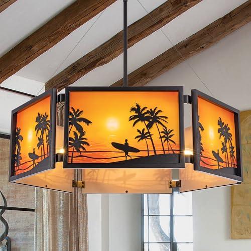 TOCHIC Black Farmhouse Chandeliers for Dining Room 28 Inch, 6-Light Rustic Tropical Sunset Palm Tree Drum Ceiling Light Fixture, Coastal Pendant Light for Bedroom, Living Room, Kitchen Island