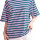 Mincib Women Oversized Striped T Shirts Color Block Crew Neck Tee Shirt Short Sleeve Basic Summer Tops(Green,  L