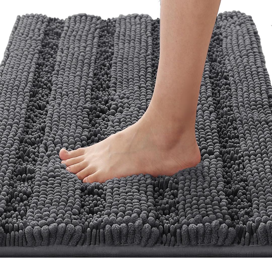 H.VERSAILTEX Bath Rugs for Bathroom Non Slip Bath Mats Extra Thick Chenille Striped Rug 20" x 32" Absorbent Non Skid Fluffy Soft Shaggy Washable Dry Fast Plush Mat for Indoor, Bath Room, Tub - Grey
