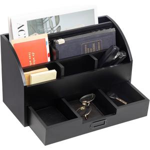 canwedance Distressed Rustic Wooden Office Desk Organizer 5 Compartment with 2 Drawer &Counter Desk Tabletop Desktop Mail Rack, Pens, Notebooks, Folders, Pencils and Office Supplie(black)