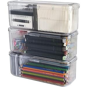 3 Pack Clear Pen Organizer for Desk Drawer, Plastic Home Office Supplies Storage Container for Marker, Crayons, Brushes, Mini Toys, Art Crafts, Pencil Case with Lid