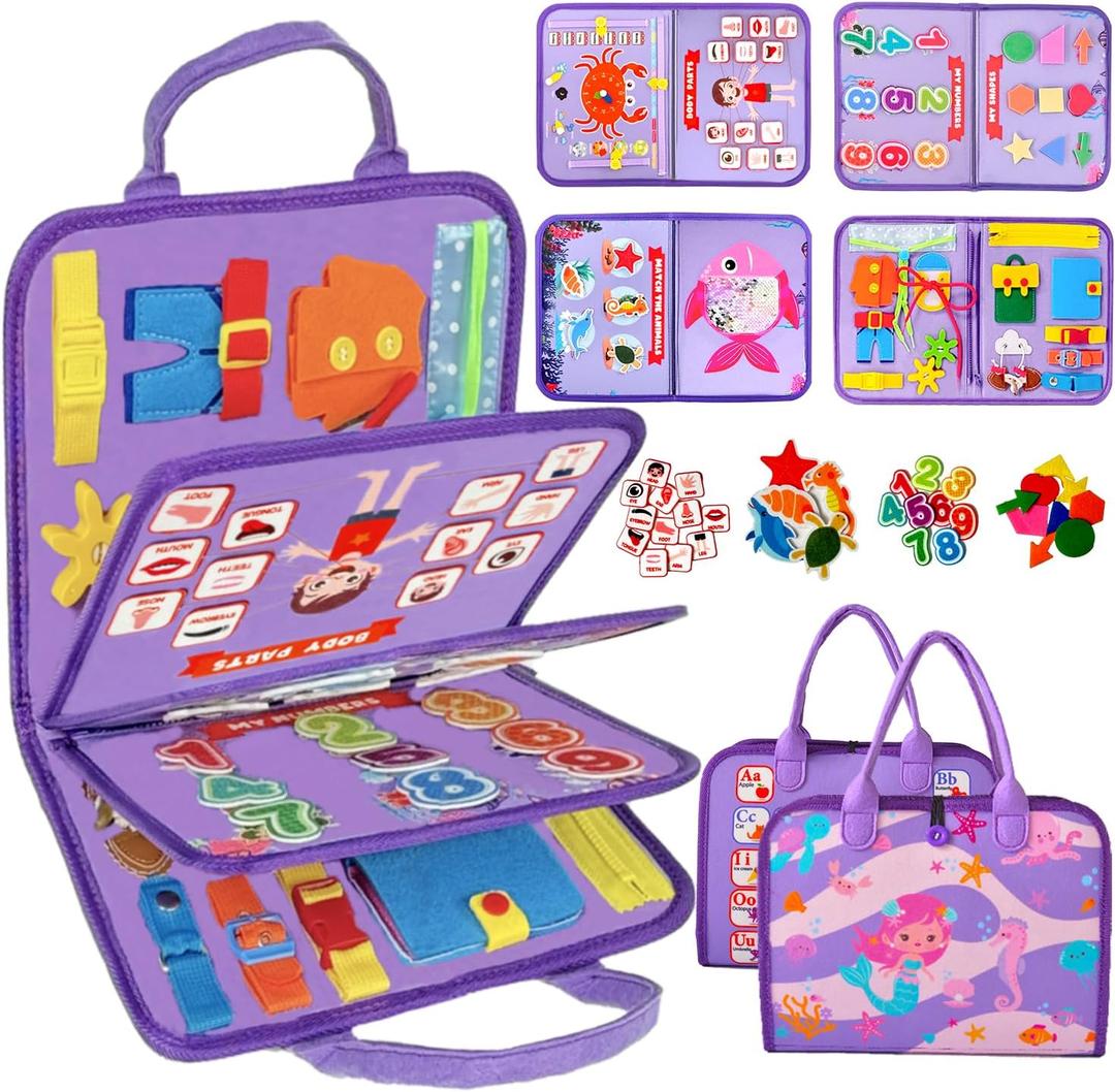 Qizfun Montessori Busy Board Book for Toddlers, Mermaid Sensory Learning Toy for Girls, Educational Fine Motor Skills Toy, Travel Busy Board for Car & Airplane