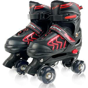 HXWY Kids Roller Skates for Boys Girls Child, Adjustable 4 Sizes Roller Skates for Kids and Youth with Light Up Wheels, Quad Black & Red Roller Skates for Sports (Youth 4-7)