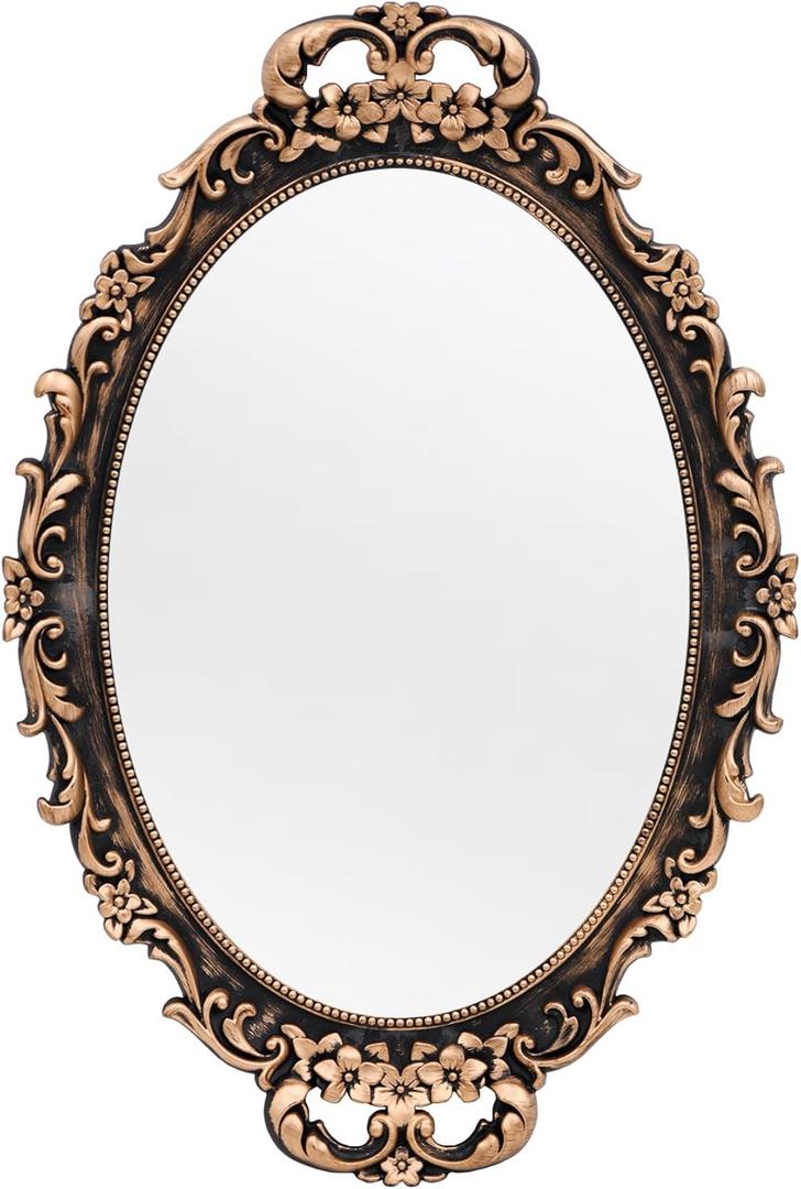 Tstarer Vintage Decorative Gold Framed Mirror, Wall Hanging Mirrors & Tabletop Tray for Bedroom Living Room Dresser Decor, Oval 9.6" W x 14.3" L (Bronze)