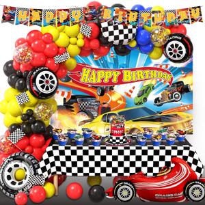 Hot Race Cars Wheels Birthday Party Decorations Kit Including Backdrop,Banner,Balloon Garland Arch, Tablecloth, Cake Toppers