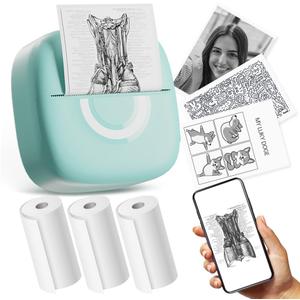 Cabaro Mini Printer Sticker Thermal Printer with 3 Rolls Paper, Bluetooth Portable Phone Print Pods,Study Sticker Maker for Pictures, Photos, Journals, DIY, Compatible with Phone & Tablet (green)