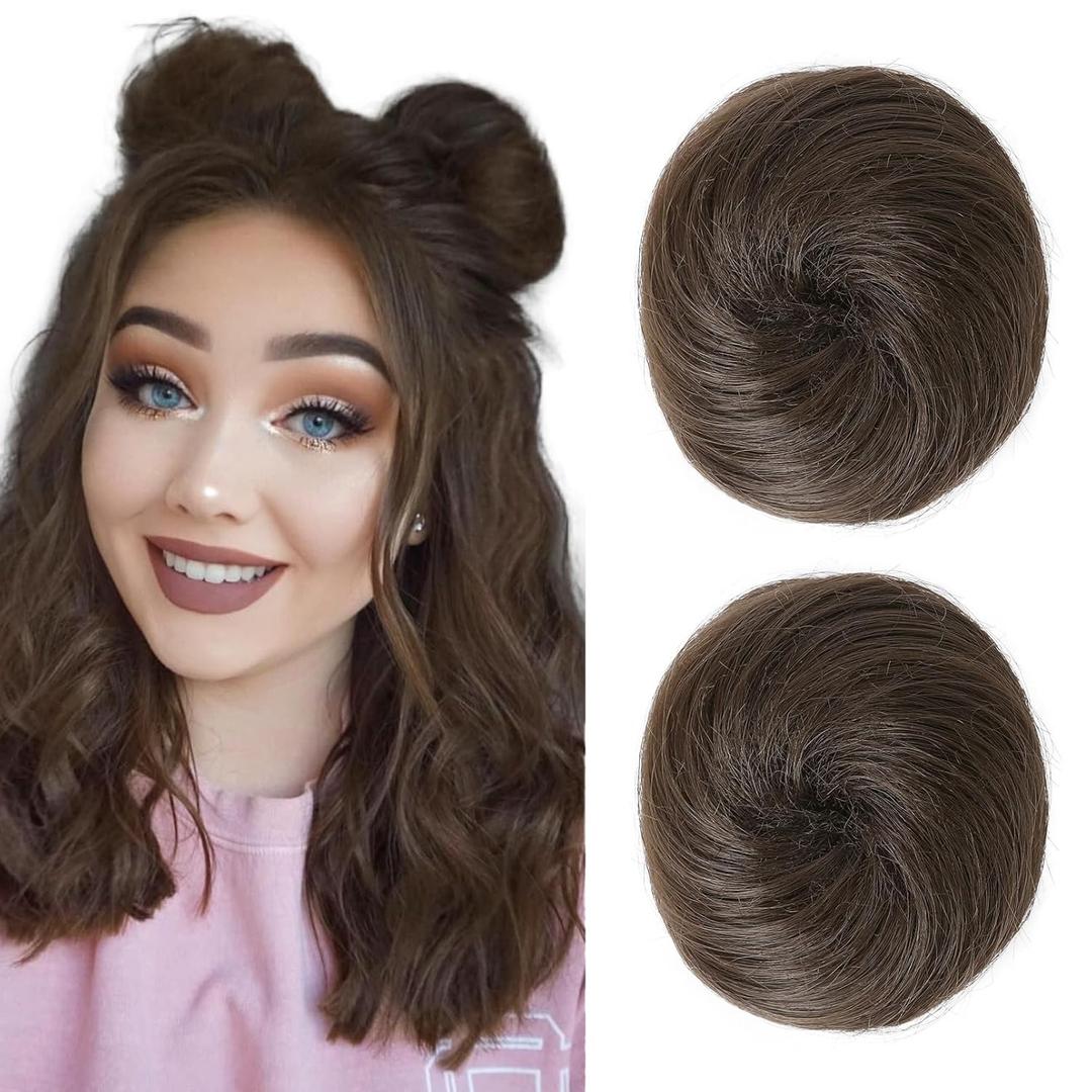 REECHO 2 PCS Mini Claw Clip in Messy & Cat Ears Hair Bun Extensions HB001 Wig Accessory Updo Hairpieces for Women Girls (Pack of 2-3" Straight, Medium Ash Brown)