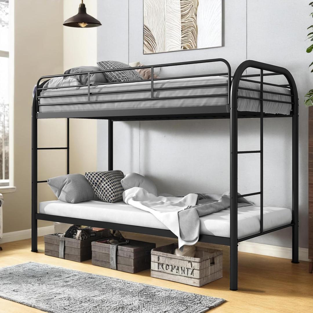 Flolinda Metal Bunk Bed Twin Over Twin, Heavy Duty Bunk Beds with 2 Ladders and 11.8" Full-Length Guardrail, Space-Saving Bunk Bed with Storage, No Box Spring Needed, Easy Assemble, Black