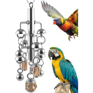 KATUMO Large Bird Toys, Natural Wooden and 304 Stainless Steel Bell Toy for Parrots, 1.46 LB Heavy Birds Cage Toy for Amazon Parrot, African Greys, Budgies, Lovebirds, Cockatiels,Cockatoo