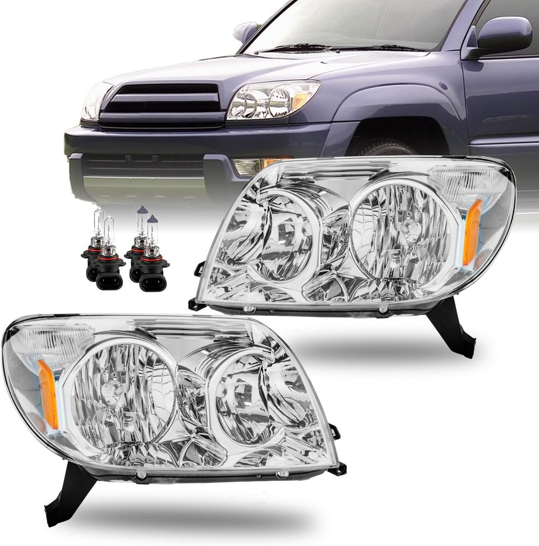 Headlight Assembly with Bulbs Compatible with 2003 2004 2005 Toyota 4Runner Headlamp Chrome Housing Replacement Pair #8117035400, 8113035420