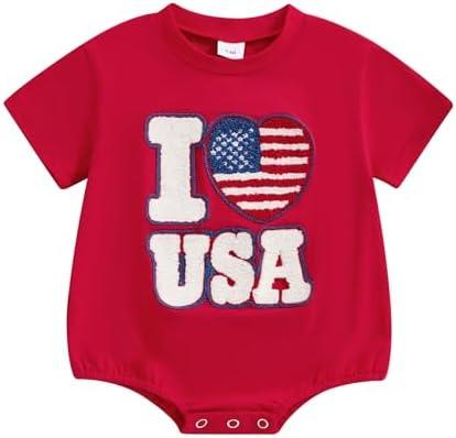 COORALLY 4th of July Outfit Baby Girls Boys Short Sleeve Crew Neck Letter Embroidery Bubble Romper Bodysuit Size 12-18 M, Red