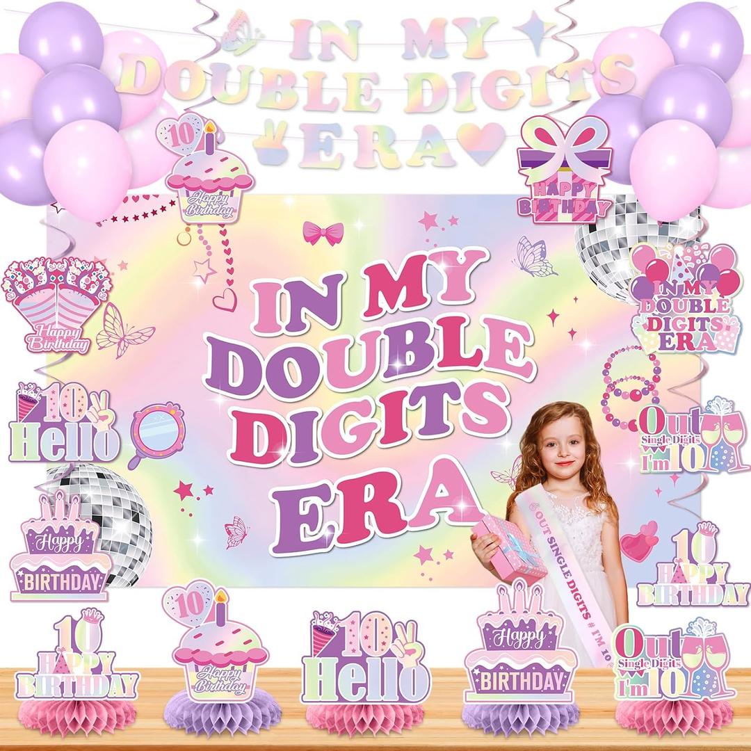 Iridescent 10th Birthday Decorations for Girl In My Double Digits Era 10th Birthday Banner Backdrop Honeycomb Centerpiece Balloons Hanging Swirl Out Single Digits I'm 10 Sash Party Supplies Decor