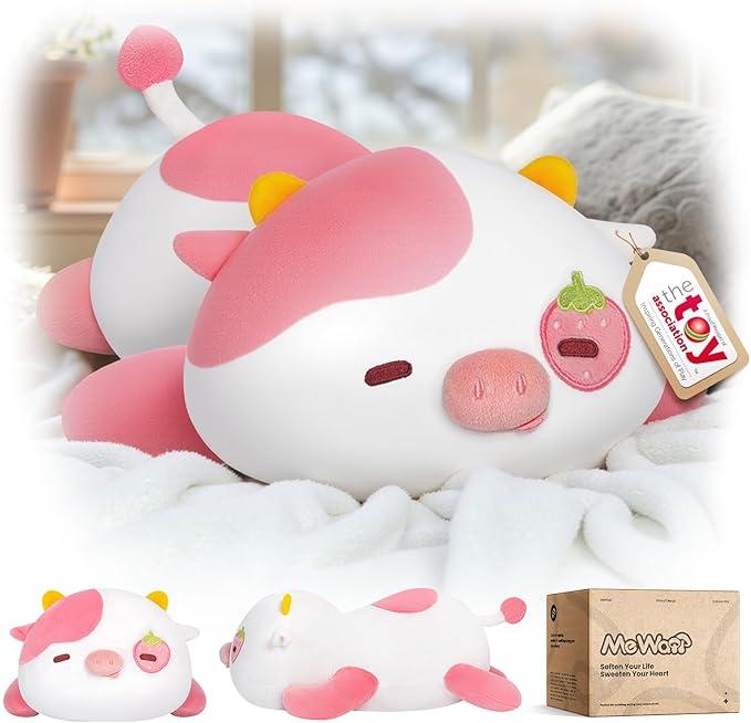 Mewaii Strawberry Cow Plush Pillow Cute Plushies, Squishy & Huggable, 13 in | Cuddly Cow Stuffed Animal Pillow, Low-Shedding, PP Cotton Fill, Machine Washable, Desk Decor, Gift For Kids & Cow Lovers