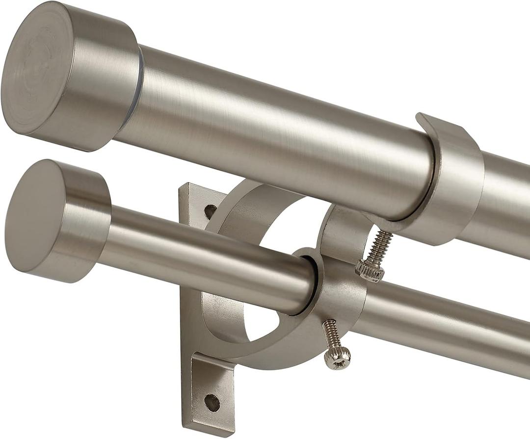 Brushed Nickel Double Curtain Rods 36 to 72 Inches (3-6 Feet),1-Inches Front and 5/8 Inches Back Adjustable End Cap Double Window Drapery Rod for Drapes and Curtains