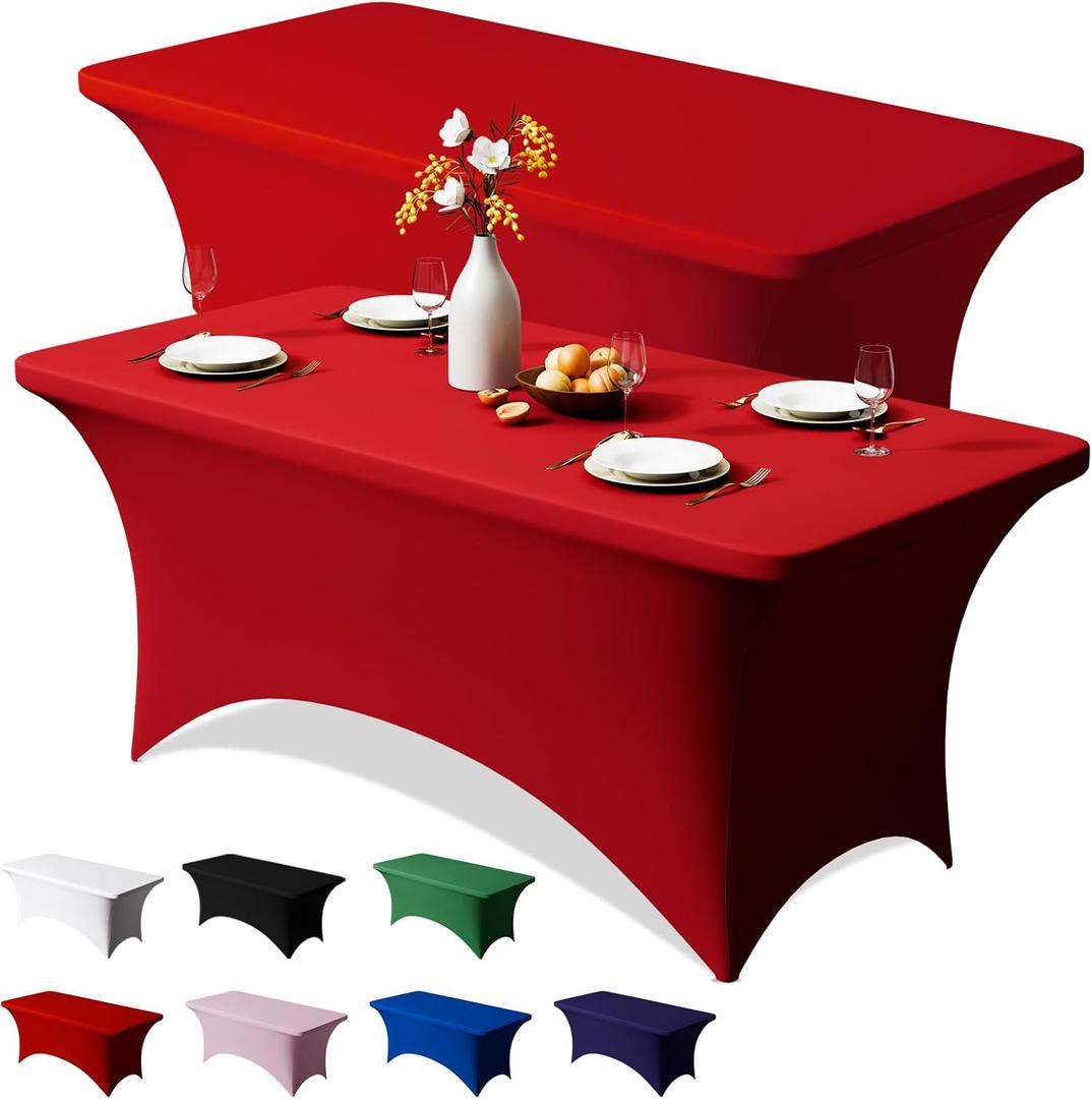 Trlyc 2 Pack 6FT Spandex Table Cloth - 72 x 30 Inch Rectangular Stretch Tablecloth, Wrinkle Resistant Scretch Table Cover for Wedding, Party, Banquet, Picnic, Outdoor Decoration (2Pcs,Red)