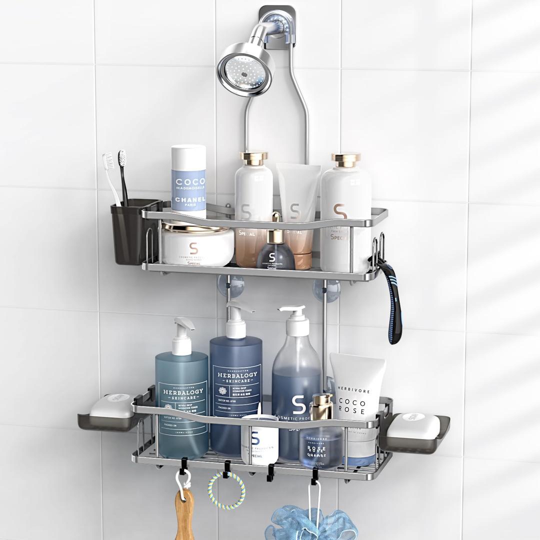 Hanging Shower Caddy Bathroom Organizer: Rustproof Shower Shelf Racks Over Shower Head - No Drilling Inside Bath Shower Rack Shelves Over Showerhead for Shampoo with Soap Holder Silver Hanging Shower Caddy Bathroom Organizer: Rustproof Shower Shelf Racks Over Shower Head - No Drilling Inside Bath Shower Rack Shelves Over Showerhead for Shampoo with Soap Holder Silver