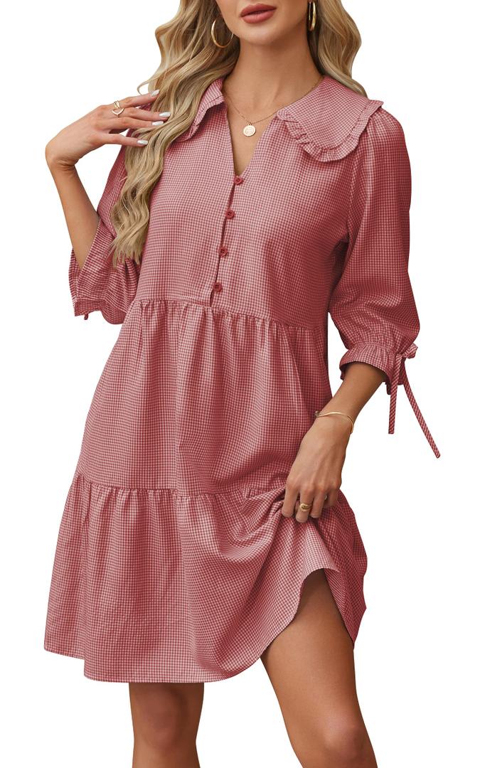 CCTOO Women's Summer Dresses Casual V Neck Button Down 3/4 Sleeve Floral Print Loose Flowy Shirt Dress 217 R S