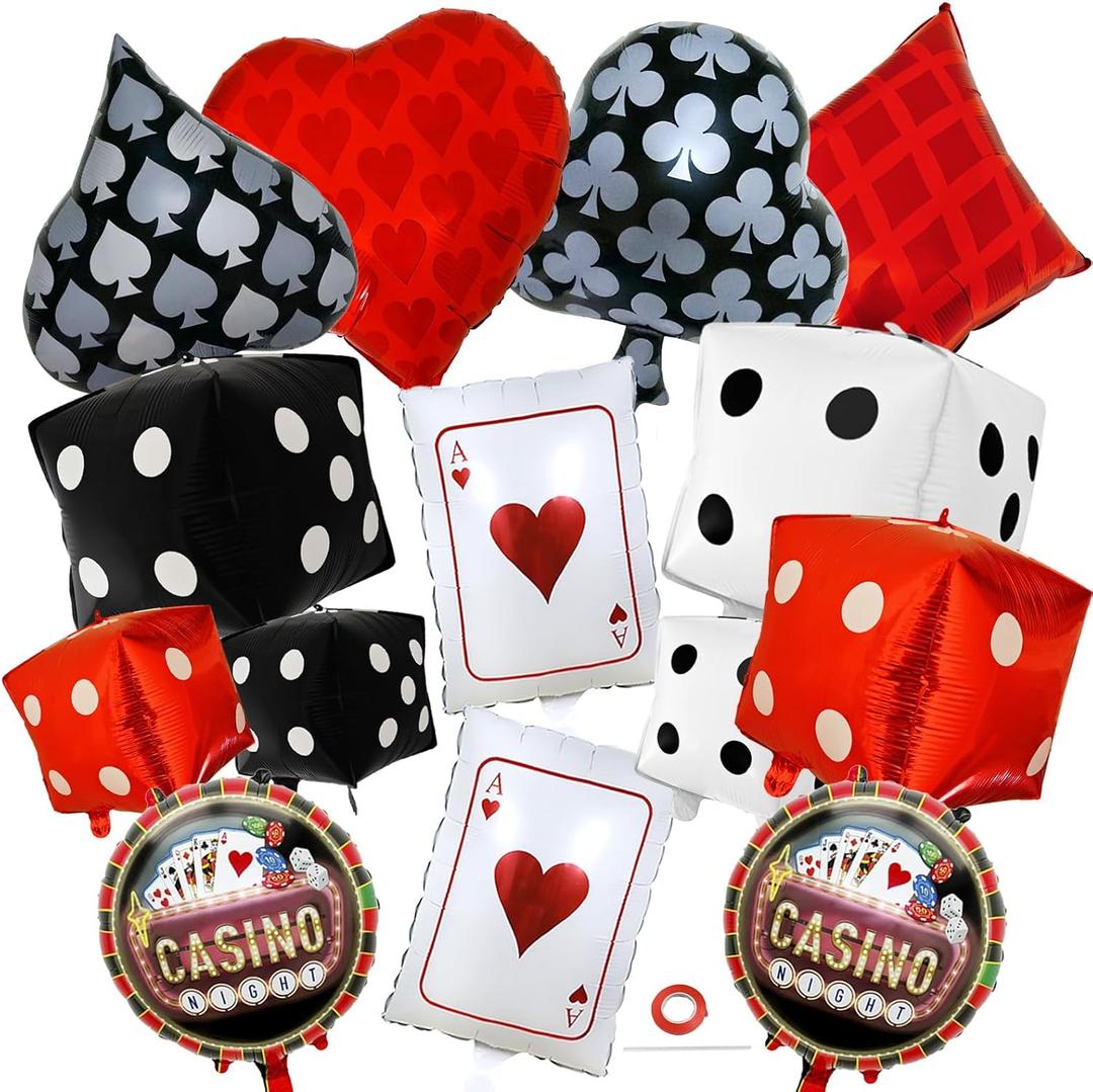 Dice and Poker Cards Casino Balloons Decorations, 14 Pcs Large Dice Casino Theme Balloons for Birthday Party Decoration, Texas Poker Parties Decor Game Night Las Vegas Themed Party Supplies