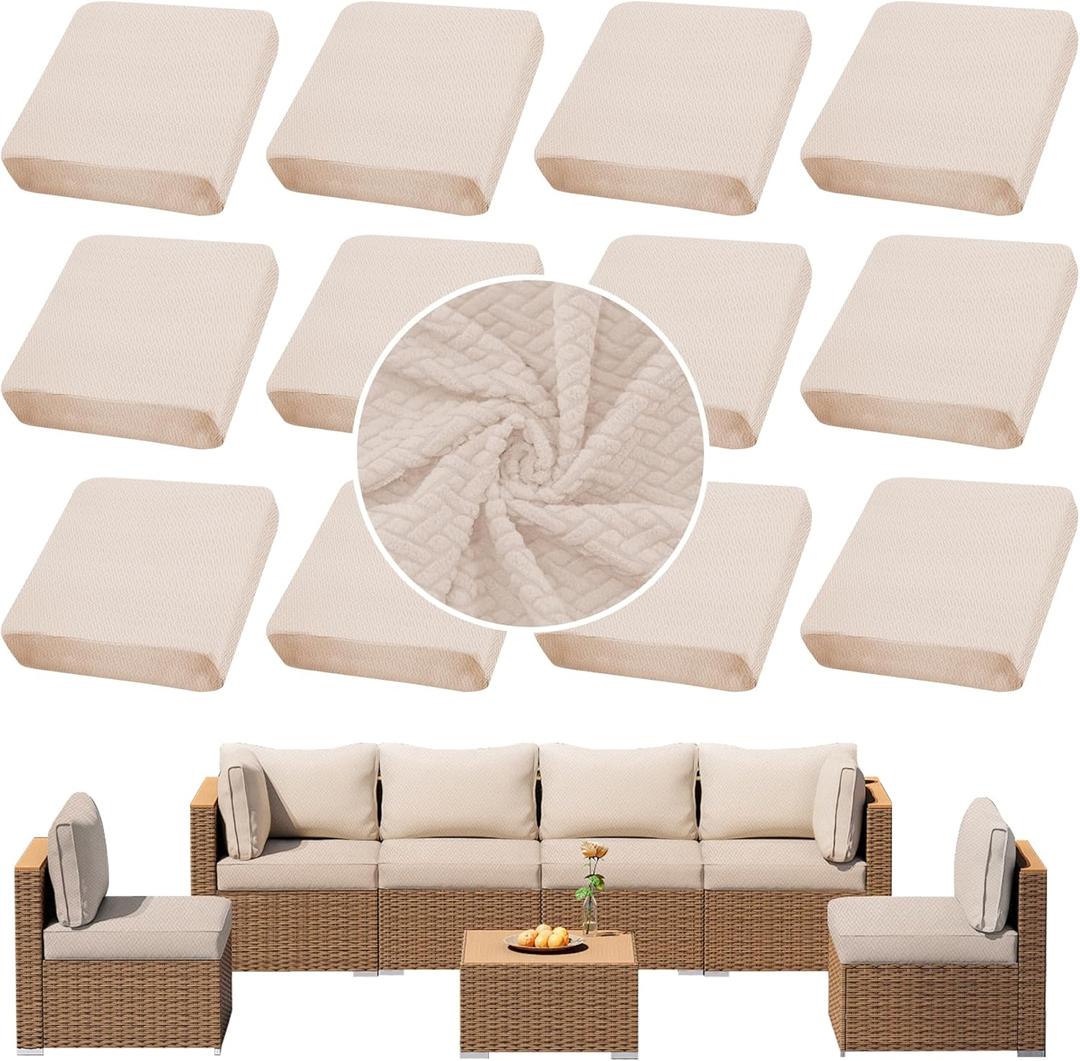 Outdoor Cushion Covers Set,12PCS Jacquard Patio Furniture Couch Seat Slipcovers, Replacement for Sofa Sectional Chair(CoverOnly) (Cream)