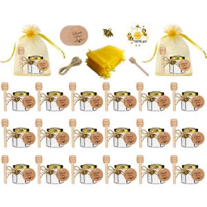 IIKUM 20 Pack Glass Honey Jars, 1.5 oz Hexagon Honey Pots with Lids, Wooden Dippers, Bee Pendants, Gift Bags, Thank You Cards, Jutes and Stickers-Ideal Gift for Baby Shower, Wedding and Party Favors