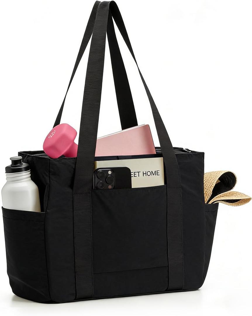 Large Light Weight Tote Bag for Women, Yoga Gym Beach Travel Bag, Fits 15.6" Laptop & Yoga Mat, Waterproof Taslon