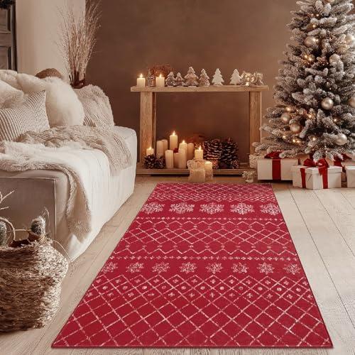 jinchan Christmas Runner Rug 3x10 Red Hallway Rug Xmas Snowflake Runner Kitchen Rug Washable Non Slip Moroccan Carpet Holiday Decor Geometric Rug for Bedroom Bathroom Laundry Living Room