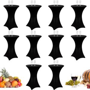 10 Pack Spandex Cocktail Table Cover Bulk 24 x 43 Inch Round High Table Stretch Bistro Tablecloths for Wedding Bar Banquet Graduation Day Party (Black)