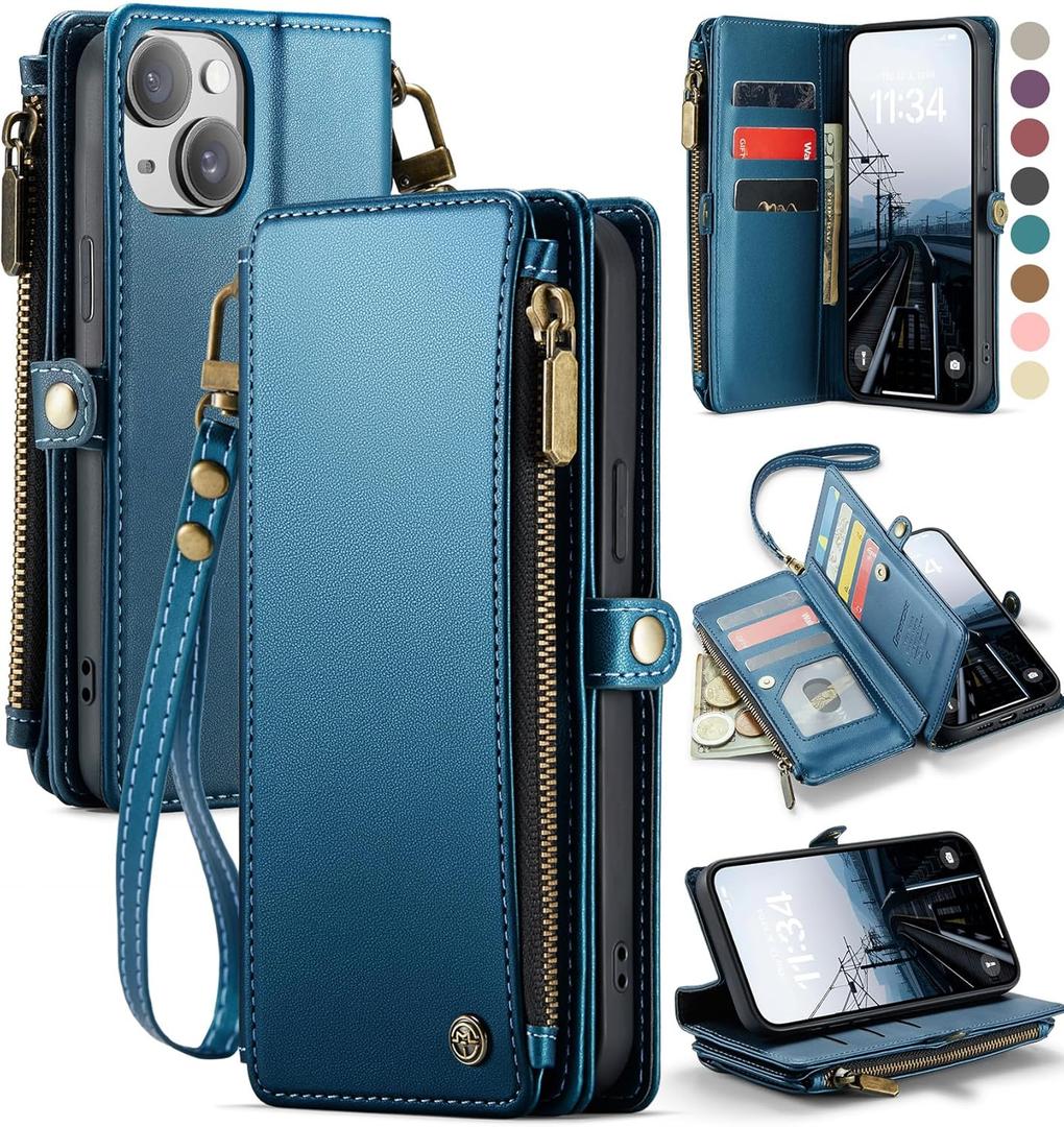 Defencase Compatible with iPhone 15 Plus Case Wallet with RFID Blocking Card Holder for Women Men, PU Leather Magnetic Snap Flip Zipper Strap Wallet Phone Case Fit for iPhone 15 Plus 6.6", Dark Blue