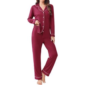 Ekouaer Womens Pajamas Set 2 Piece Button Down Pjs Soft Long Sleeve Top and Pants Sleepwear Set Lounge Sets (Medium, Wine Red)